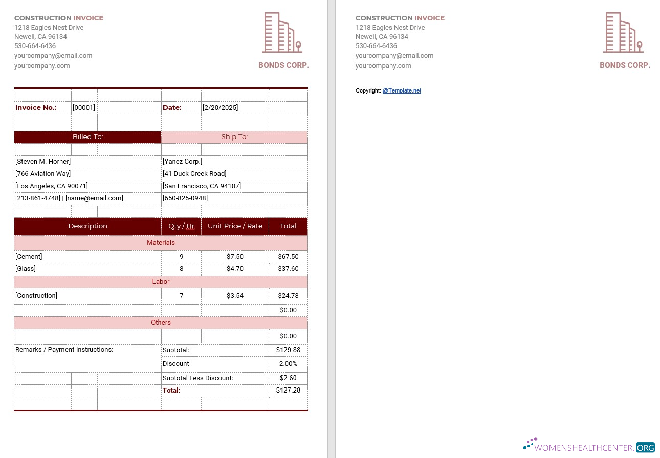 Download Simple Construction Invoice Template Photoshop template